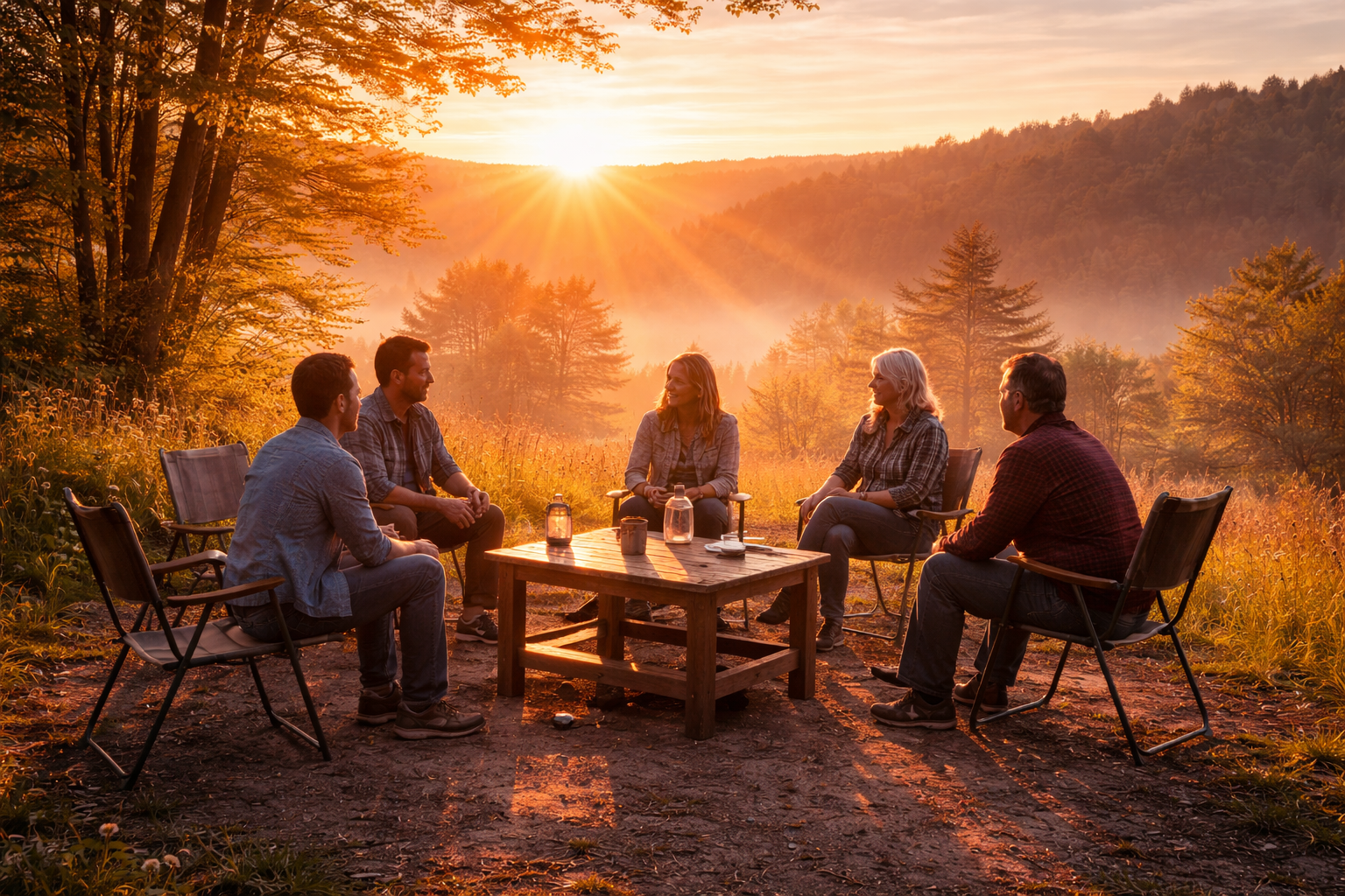 People gathered at sunrise in conversation symbolizing connection, gratitude, and support in recovery