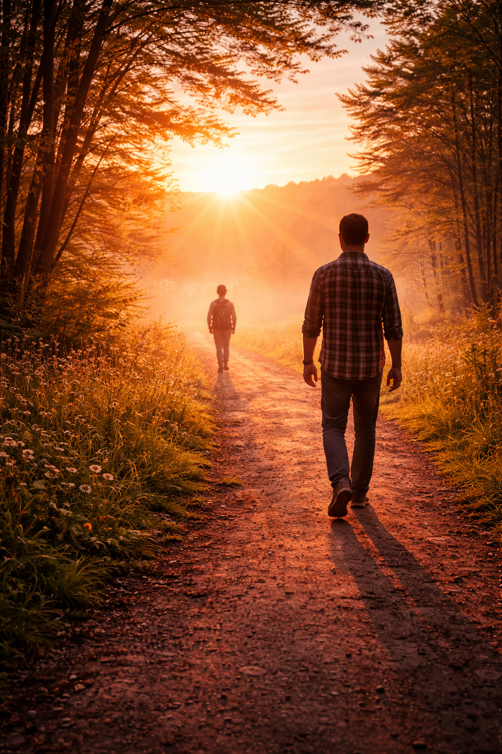 Man walking toward sunrise on a forest path while a child walks away, symbolizing letting go of old patterns and growing into spiritual maturity in recovery