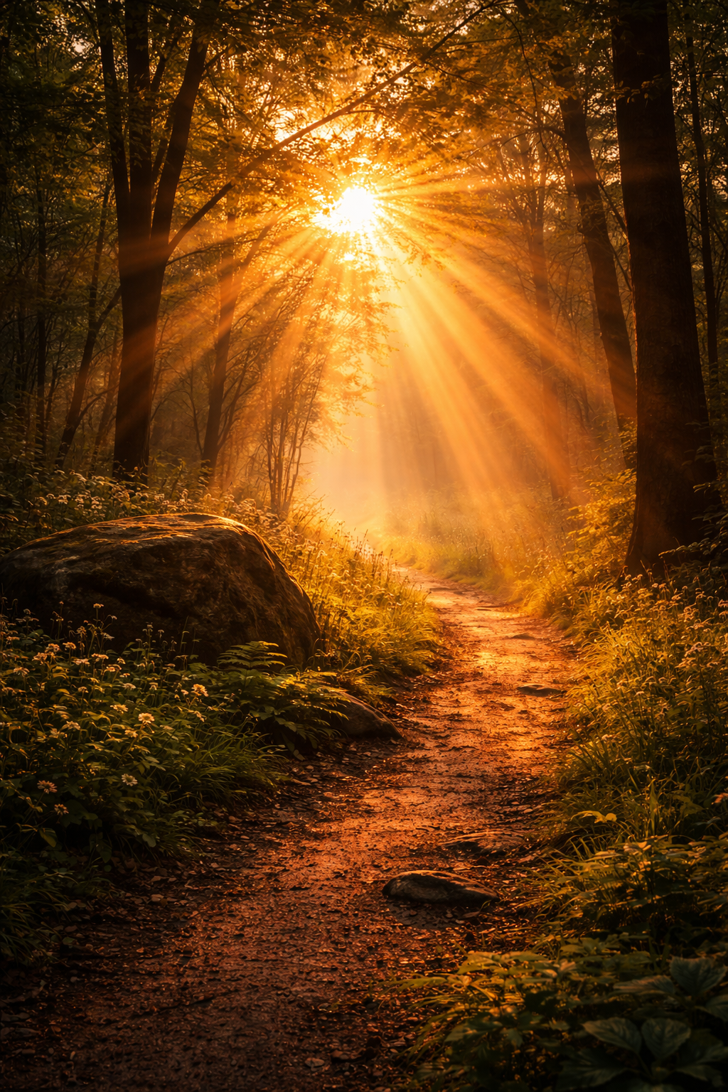 Sunlight breaking through forest trees onto a path symbolizing letting go of resentment and finding peace in recovery